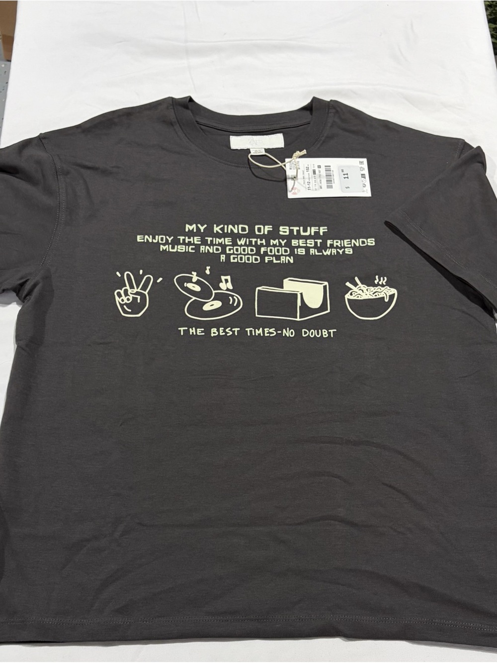 Zara Charcoal Gray Graphic Tee with Cream Text and Icons
